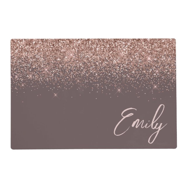 Terracotta Rose Gold Blush Pink Glitter Monogram Placemat (Front)
