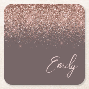 Terracotta Rose Gold Blush Pink Glitter Monogram Square Paper Coaster
