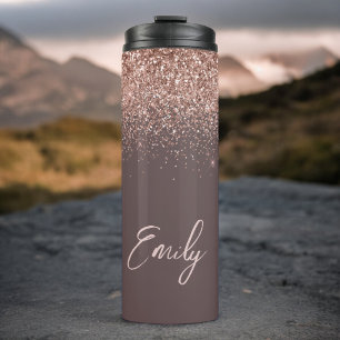 Terracotta Rose Gold Blush Pink Glitter Monogram Thermal Tumbler
