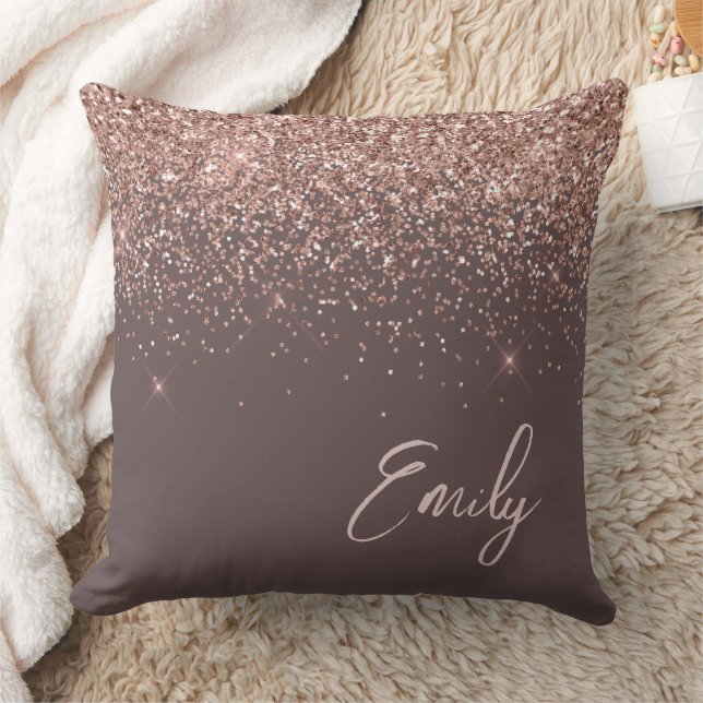 Terracotta Rose Gold Blush Pink Glitter Monogram Throw Pillow (Blanket)