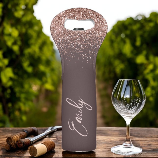 Terracotta Rose Gold Blush Pink Glitter Monogram Wine Bag (Creator Uploaded)
