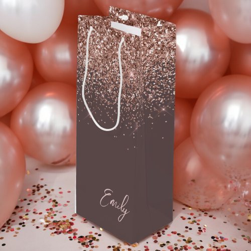 Terracotta Rose Gold Blush Pink Glitter Monogram Wine Gift Bag