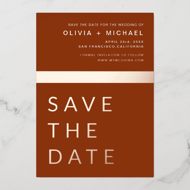 Terracotta Rose Gold Save the Date Elegant  Foil Invitation (Front)