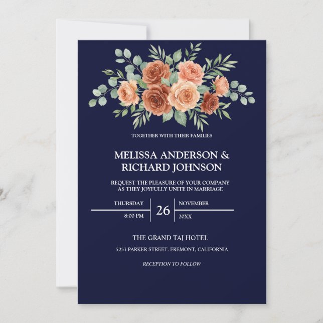 Terracotta Rose Wedding Invitation Navy (Front)