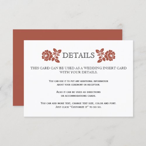 Terracotta roses wedding details insert card