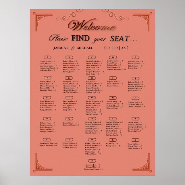Terracotta Rust Alphabetical Wedding Seating Chart (Front)