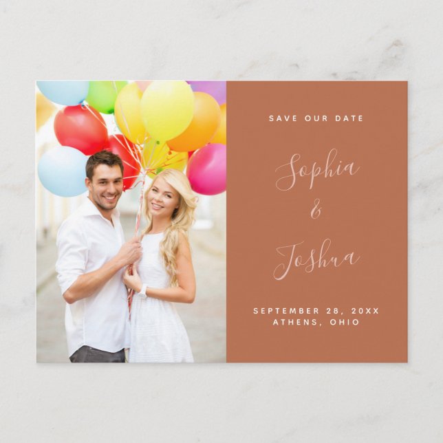 Terracotta Rust & Blush Script Photo Save the Date Postcard (Front)