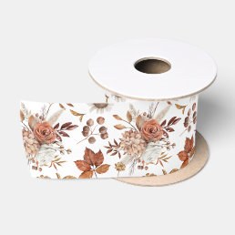 Terracotta Rust Boho Floral Fall Foliage Satin Ribbon