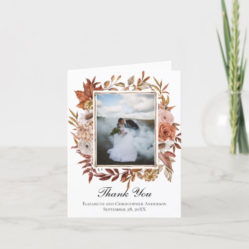 Terracotta Rust Boho Floral Photo Wedding  Thank You Card