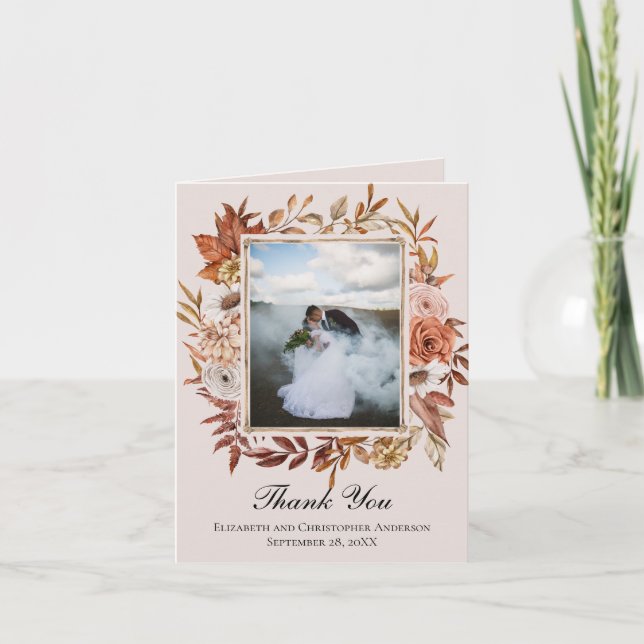 Terracotta Rust Boho Pink Floral Photo Wedding  Thank You Card (Front)