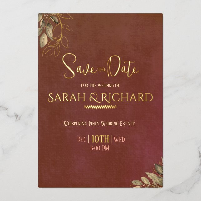 Terracotta Rust Boho Velvet Wedding Save the Date Foil Invitation (Front)