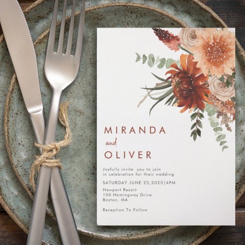 Terracotta Rust Boho Watercolor Floral Wedding Invitation