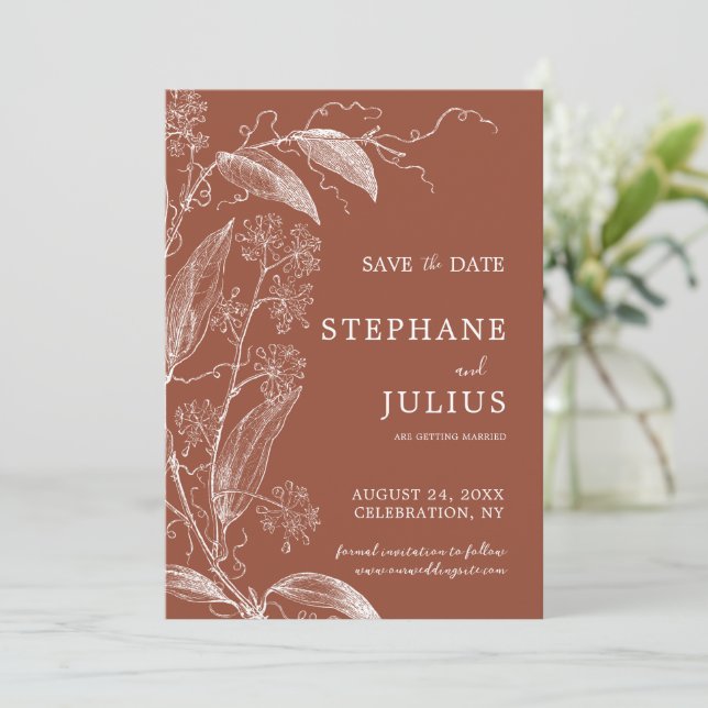 Terracotta Rust Botanical Save the Date Invitation (Standing Front)