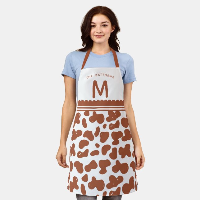Terracotta Rust Custom Name & Monogram Cow Pattern Apron (Worn)