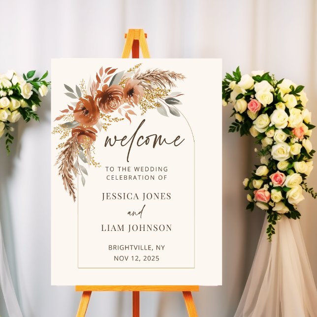 Terracotta Rust Fall Floral Wedding Welcome Sign (Modern Elegant Boho Terracotta Rust Floral Fall Wedding Welcome Sign)