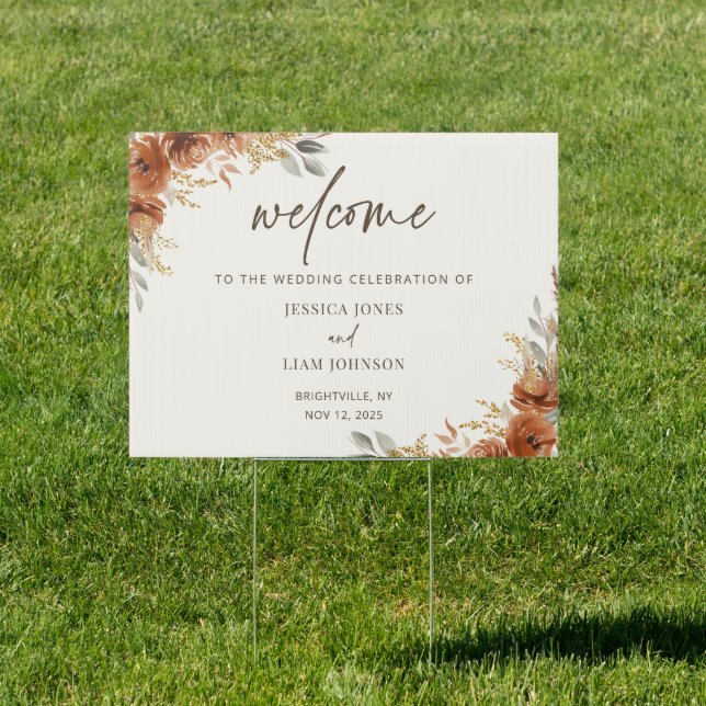 Terracotta Rust Fall Floral Wedding Welcome Sign (Insitu)