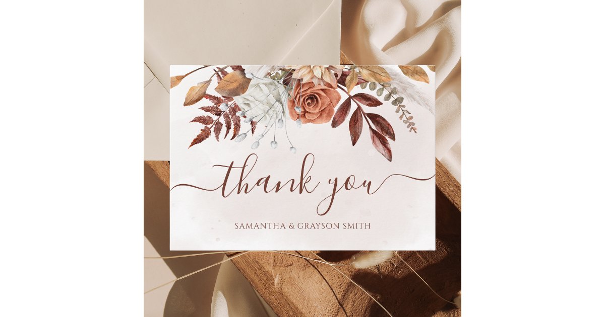 Terracotta Rust Floral Boho Fall Wedding Thank You Card | Zazzle