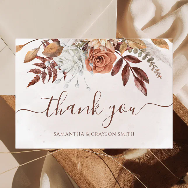 Terracotta Rust Floral Boho Fall Wedding Thank You Card | Zazzle