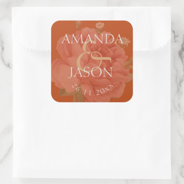 Terracotta Rust Floral Cute Pretty Wedding  Square Sticker (Bag)