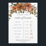 Terracotta Rust Floral Fall Wedding Order of Event Program<br><div class="desc">Personalize this chic earthy burnt orange, terracotta, rust, copper and brown floral wedding order of events easily and quickly, simply press the customise it button to further re-arrange and format the style and placement of the text. Extra timeline icons such as a church, a floral arbor and a camera are...</div>