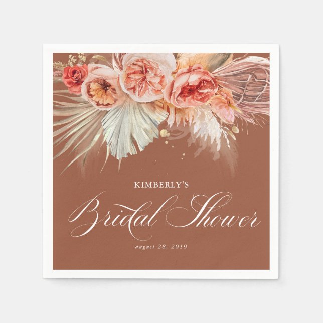 Terracotta Rust Floral Pampas Grass Bridal Shower Napkins (Front)