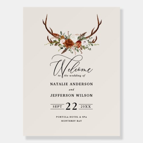 terracotta rust floral stag wedding welcome foam board