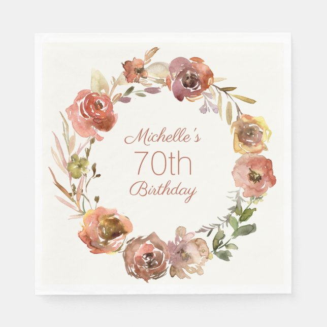 Terracotta Rust Floral Wreath 70th Birthday   Napkins (Front)