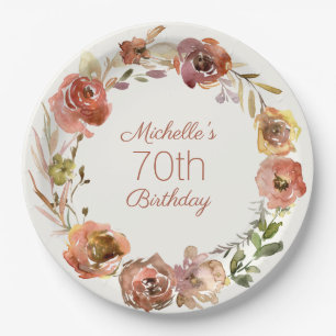 Terracotta Rust Floral Wreath 70th Birthday Paper Plates