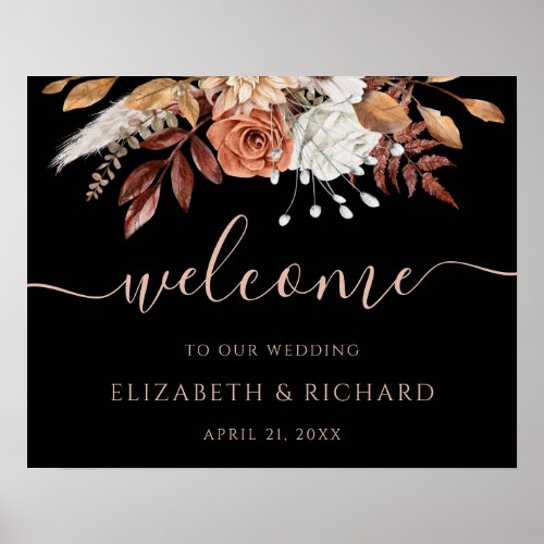 Terracotta Rust Flowers Black Fall Wedding Welcome Poster