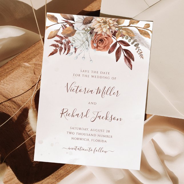 Terracotta Rust Flowers Boho Fall Foliage Save The Date (Creator Uploaded)