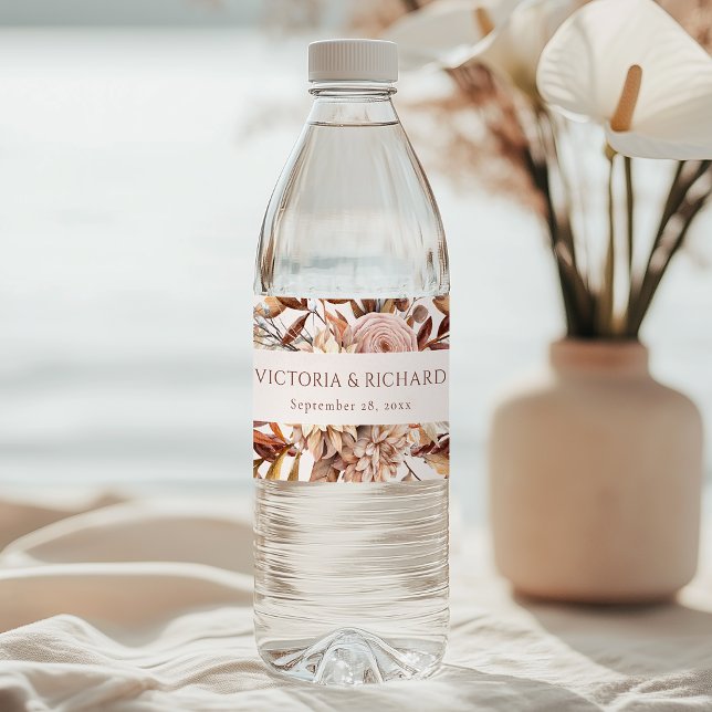 Terracotta Rust Flowers Boho Fall Foliage Water Bottle Label (Creator Uploaded)