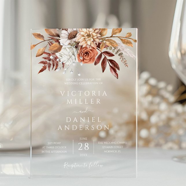 Terracotta Rust Flowers Boho Fall Foliage Wedding Acrylic Invitations (Creator Uploaded)