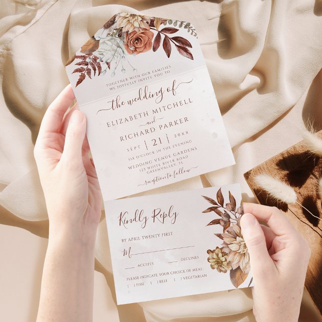Terracotta Rust Flowers Boho Fall Foliage Wedding All In One Invitation (Creator Uploaded)