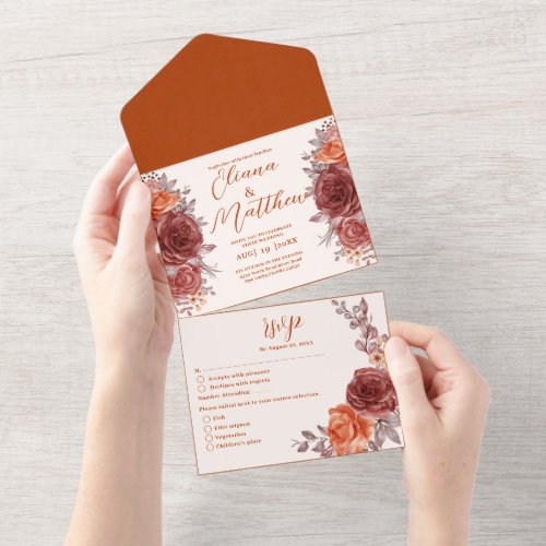 Terracotta Rust Flowers Boho Fall Foliage Wedding  All In One Invitation