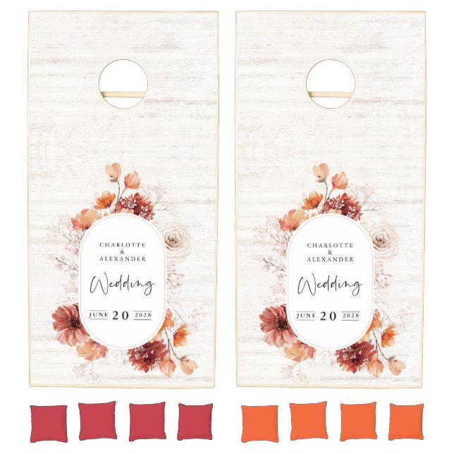 Terracotta Rust Flowers Boho Fall Foliage Wedding  Cornhole Set (Set)