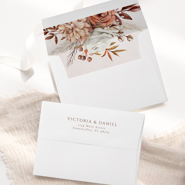 Terracotta Rust Flowers Boho Fall Foliage Wedding Envelope (Creator Uploaded)