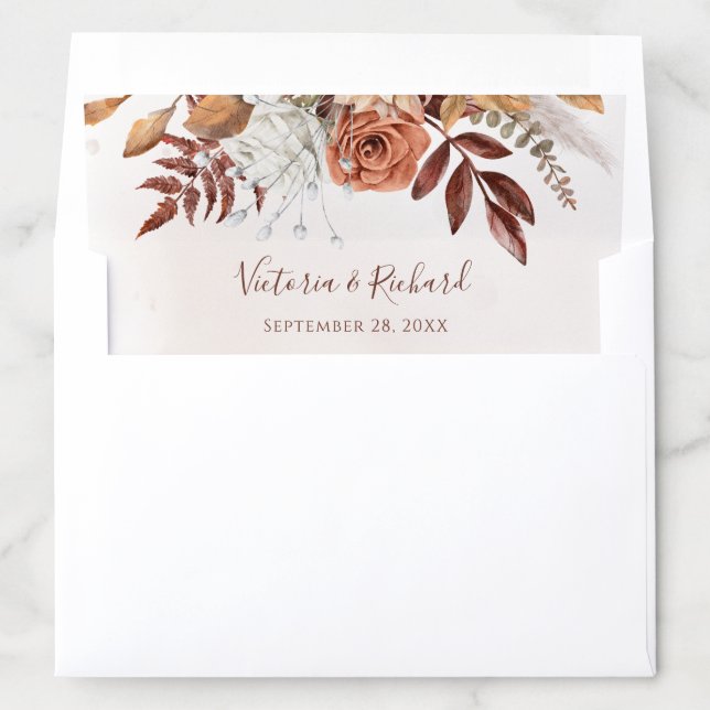 Terracotta Rust Flowers Boho Fall Foliage Wedding Envelope Liner (In Envelope)
