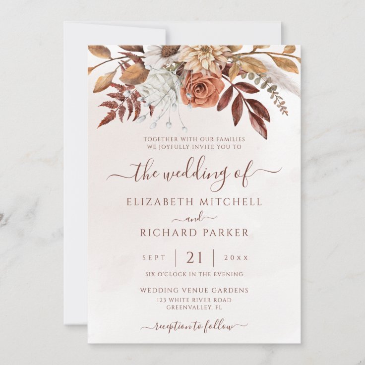 Terracotta Rust Flowers Boho Fall Foliage Wedding Invitation | Zazzle