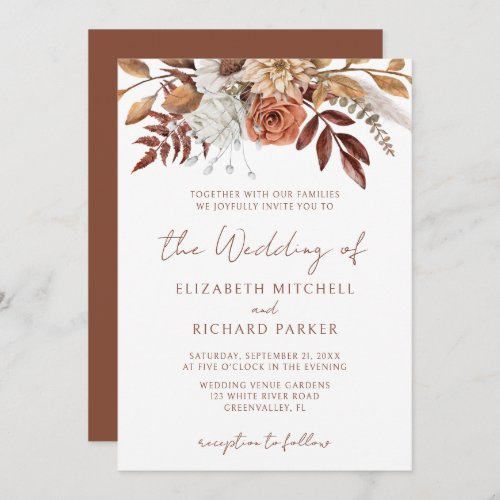 Terracotta Rust Flowers Boho Fall Foliage Wedding Invitation