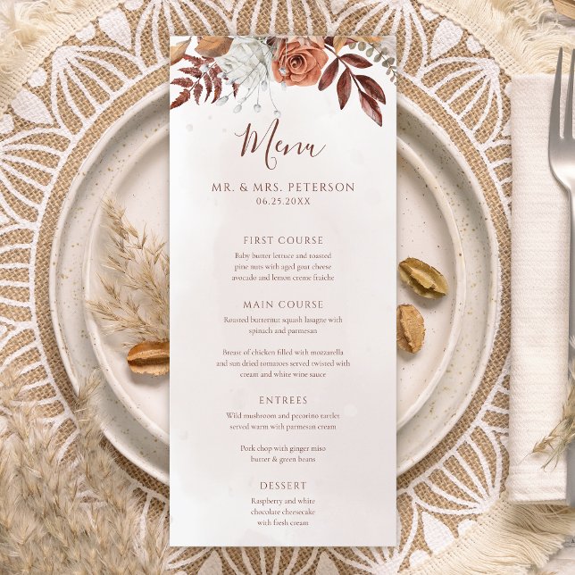 Terracotta Rust Flowers Boho Fall Foliage Wedding Menu (Creator Uploaded)