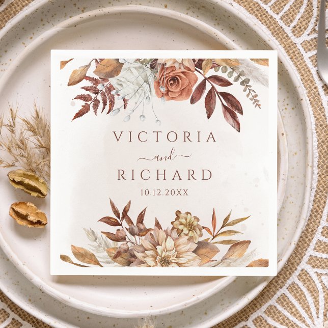 Terracotta Rust Flowers Boho Fall Foliage Wedding Napkins (Creator Uploaded)