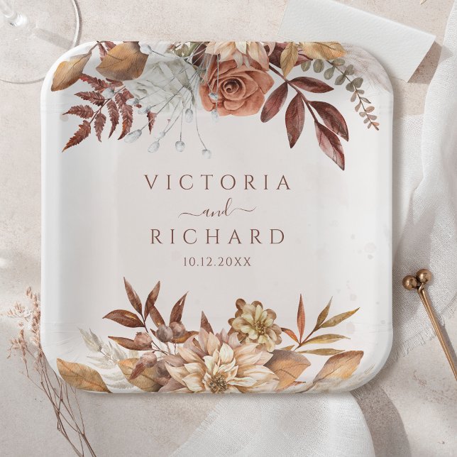 Terracotta Rust Flowers Boho Fall Foliage Wedding Paper Plates (Creator Uploaded)