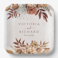 Terracotta Rust Flowers Boho Fall Foliage Wedding Paper Plates