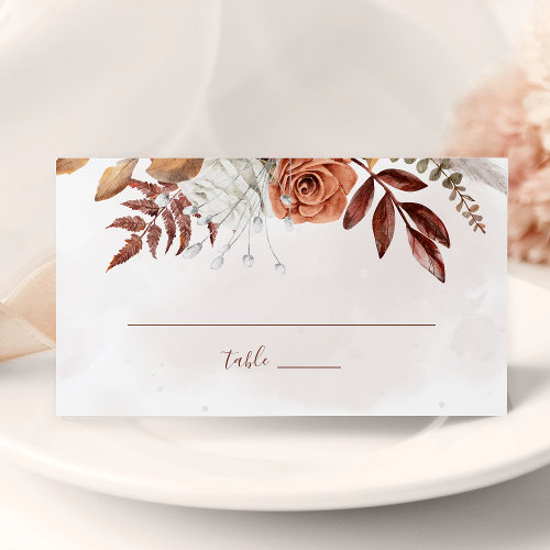 Terracotta Rust Flowers Boho Fall Foliage Wedding Place Card