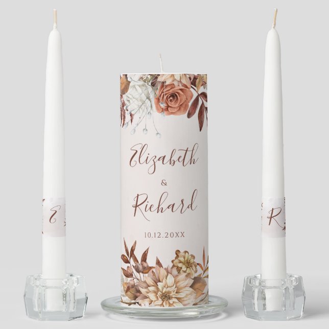 Terracotta Rust Flowers Boho Fall Foliage Wedding Unity Candle Set (Front)