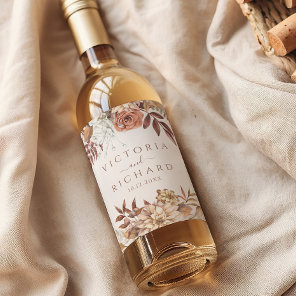Terracotta Rust Flowers Boho Fall Foliage Wedding Wine Label