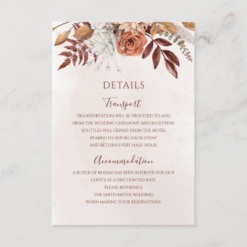 Terracotta Rust Flowers Boho Fall Wedding Details Enclosure Card
