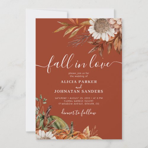 Terracotta rust leaves boho floral fall wedding invitation
