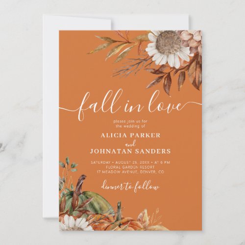 Terracotta rust leaves boho floral fall wedding invitation