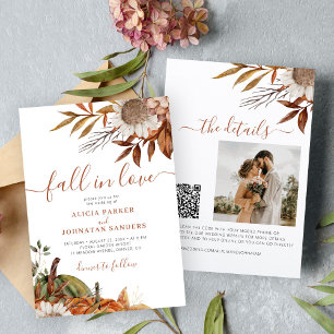 Terracotta rust leaves boho floral fall wedding invitation